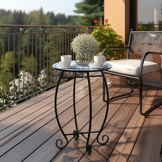 14" Outdoor Side Table, Scrollwork Accent Round End Table, Unique Relief Ceramic Tile Tabletop with Metal Frame, Coffee Tea Table Nightstand for Living Room, Bedroom