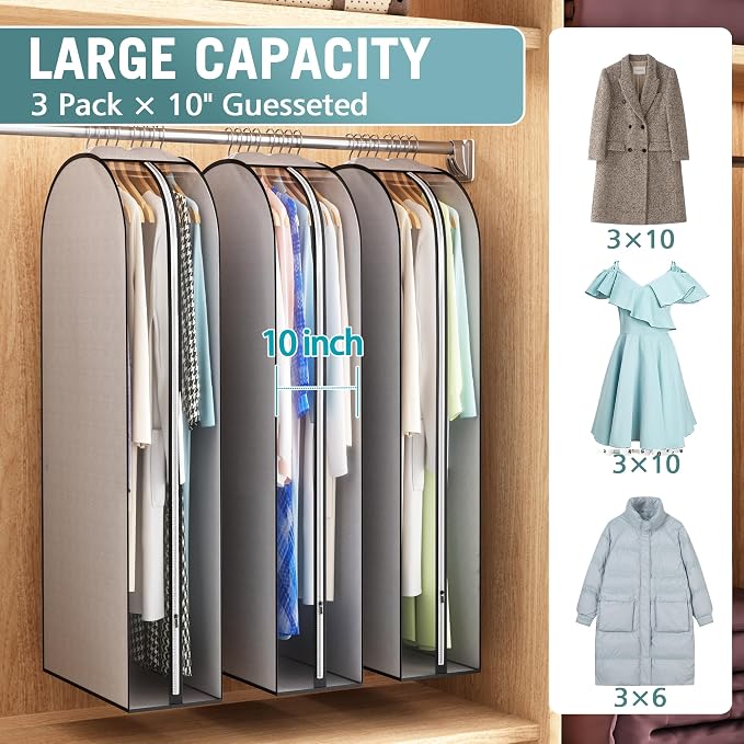Liuoud 10" Gusseted Garment Bags for Hanging Clothes, 50", 3 Pack