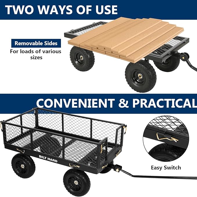 BILT HARD Heavy Duty 400 Lbs Capacity Mesh Steel Garden Cart, 4 Cu.Ft Heavy Duty Garden Cart with 180° Rotating Handle, Removable Sides, 10" All Terrain Wheels Capacity Utility Steel Wagons for Yard