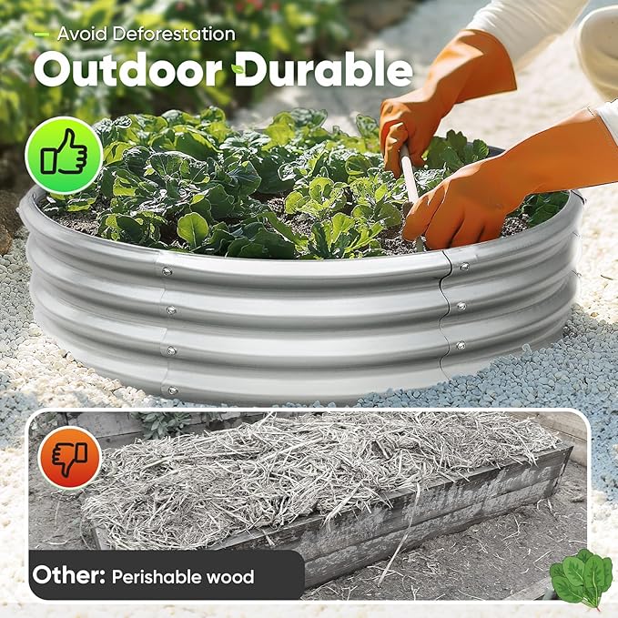 KING BIRD Raised Garden Bed Galvanized Round Planter Box Outdoor for Gardening, Plants, Vegetables, Flowers, Silver, 47.3x47.3x11.8 in