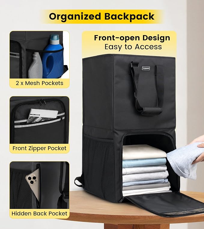 Vorspack Laundry Backpack Bag with Shoulder Straps, XX-Large Hamper, Black | Heavy Duty 2 in 1 Laundry Basket, Structured Square Base, Portable Hamper for College Dorm Camp Laundromat Apartment Travel