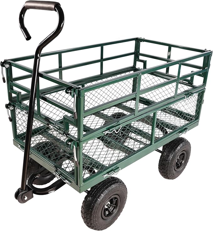 Steel Garden Cart 600 lbs Capacity Heavy Duty Garden Wagons,with Removable Steel Mesh Sides to Convert into Flatbed,Utility Metal Wagon w/ 180°Rotating Handle (Green-Pneumatic-Double Height)