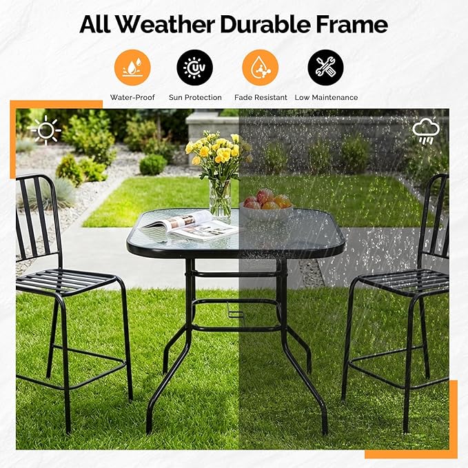 VINGLI Glass Patio Table with Umbrella Hole, 32" Square Outdoor Dining Table Steel Tempered Glass Patio Tables Outdoor Tables for Balcony Garden Deck