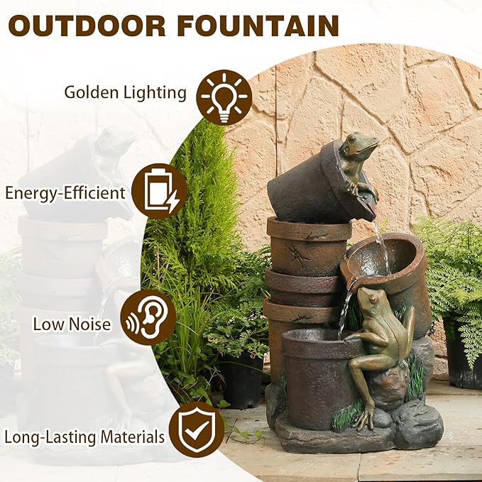 Sunlinua 27.5" H Frog Outdoor Water Fountain, Decorative Resin Water Fountain with LED Lights, Garden Waterfall Fountains Indoor and Outdoor for Patio, Porch, Courtyard, Home Decor