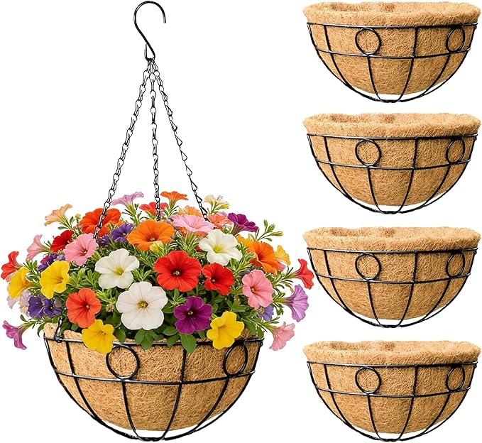 EIMQUVW Outdoor Hanging Planter Set (4 Pack) Durable Hanging Baskets with Coconut Fiber Lining and Chain 12 Inch Black Round Metal Flower Pots for Spring Summer Indoor and Outdoor Decorating