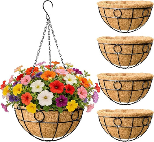 EIMQUVW Outdoor Hanging Planter Set (4 Pack) Durable Hanging Baskets with Coconut Fiber Lining and Chain 12 Inch Black Round Metal Flower Pots for Spring Summer Indoor and Outdoor Decorating