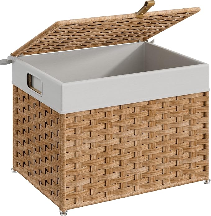 HOOBRO Storage Basket with Lid, 9.5 Gallon (35L) Wicker Basket, Handwoven Blanket Storage Basket with Handles, Metal Frame and Soft Lining, Foldable for Bedroom, Laundry Room, Natural NL334CW01