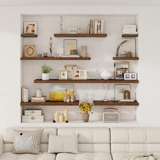 Fun Memories Small Floating Shelves for Wall - 8 Inch Square Wall Shelves with Invisible Brackets, Rustic Brown Shelves for Bathroom, Living Room, Bedroom, and Kitchen Decor, Set of 3