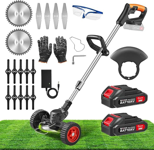 SakerPlus Wireless Weed Cutter, 24V Cordless Electric Grass Trimmer Weed Eater Wacker with 2 Batteries, 3-in-1 Lightweight Brush Cutter/Lawn Mower/Edger with Wheels & for Lawn, Garden & Yard(Black)