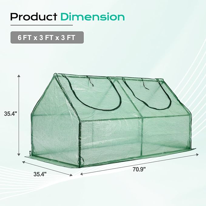 BPS 6x3x3 ft Mini Greenhouse with Green PE Cover Cover UV-Protected Roll-Up Zipper Windows, Ideal for Indoor or Outdoor Use on Raised Garden Beds