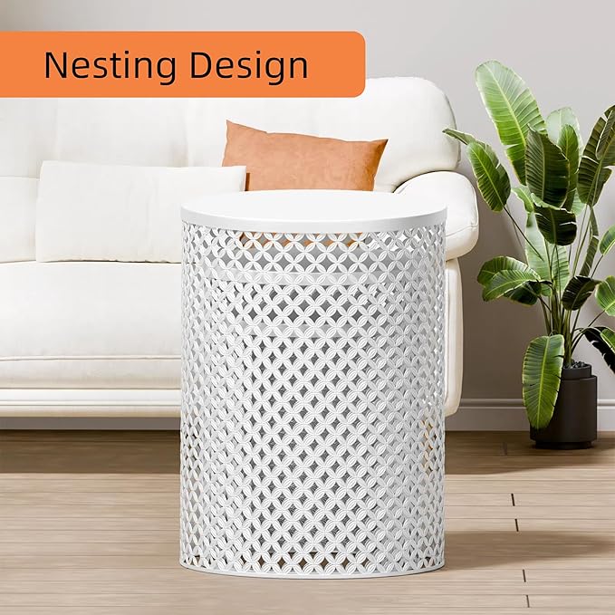 FONTOI Outdoor Side Table Set of 2, Round Patio Accent Table, Metal Frame End Table for Indoor Outdoor, Modern Decorative Garden Stool Nesting Side Table for Cafes, Patio Balconies, White