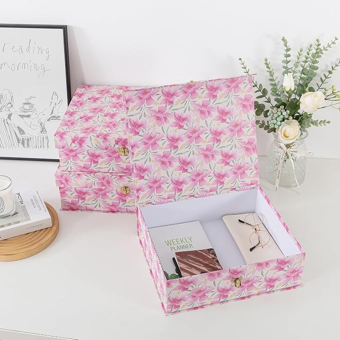 Soul & Lane - Pink Floral Boxes with Gold Hardware, Set of 3, Garden Blush | Stacking Keepsake Boxes with Lids for Home Decor and Organizing, Large Elegant Cardboard Gift and Memory Storage