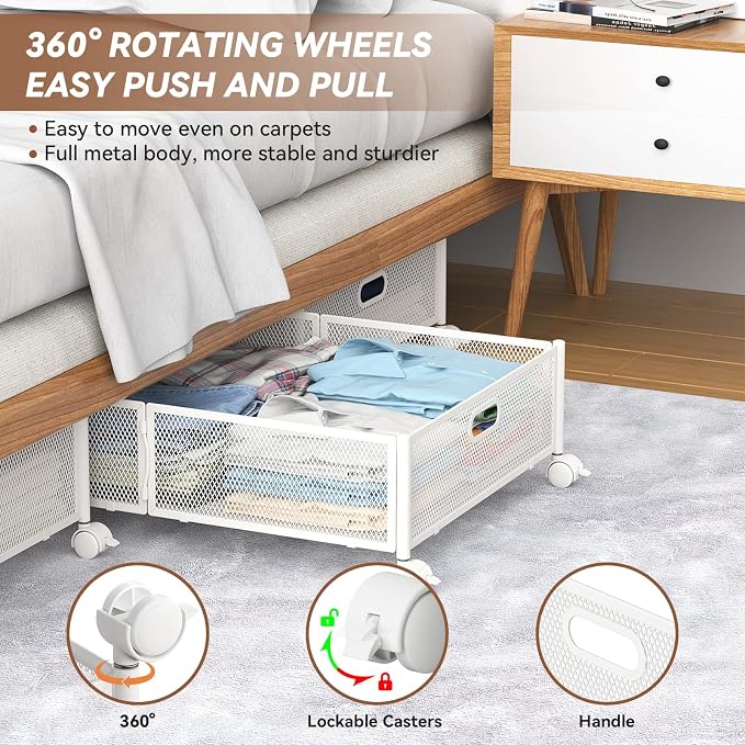 PHINOX Under Bed Storage with Wheels & Handle,Sturdy Metal,2 Pack,White