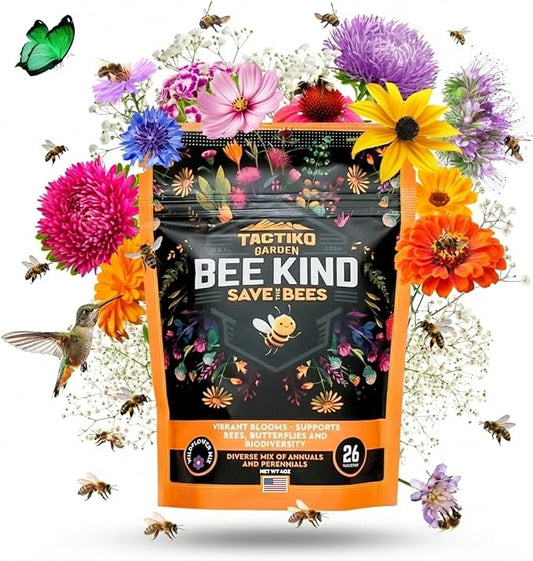 Tactiko Garden 26 Wildflower Seeds Mix, 120,000+ 4 oz Save the Bees Wildflower Garden Seeds, Annual & Perennial Pollinator Seeds to Attract Bees, Butterflies & Hummingbirds, Up to 600 sq ft Coverage