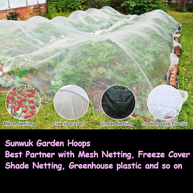 Garden Hoops 120pcs, Sunwuk Greenhouse Hoops for 2.5-5.5ft Wide Raised Bed, 24 Sets of 7.2ft Long Super Bendable Fiberglass Rods, Raised Planter Box Kit and Mini Greenhouse for Row Cover (M Size)