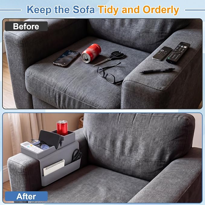 Novabright 2 Pack Silicone Couch Cup Holder Tray with Side Pouch, Anti Spill Sofa Armrest Organizer, Anti Slip Couch Arm Tray for Remote Drinks Snacks Phone and Pad, Gift for Family Friend