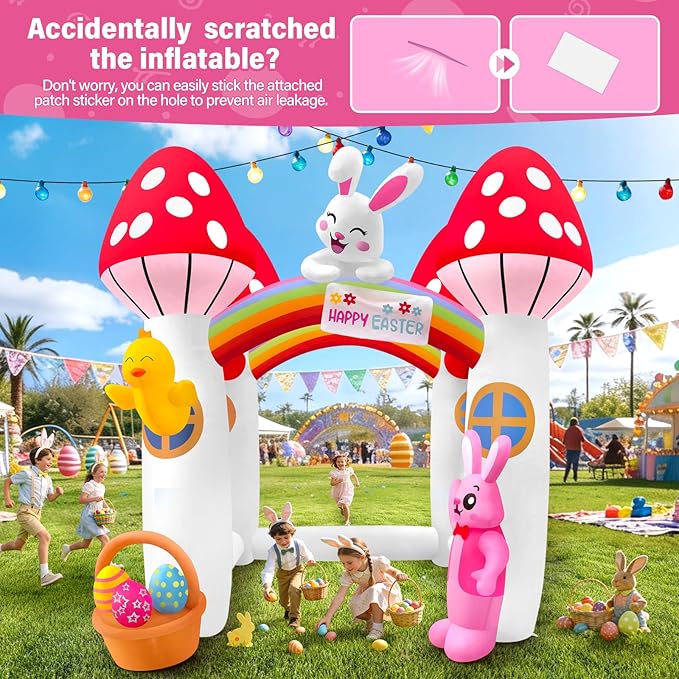 Kalolary 10FT Easter Inflatables Bunny Archway, Stereoscopic Mushroom House Arch Inflatable with Built in LED Lights Blow Up Tunnel Easter Outdoor Yard Decoration for Holiday Party Garden Lawn Decors