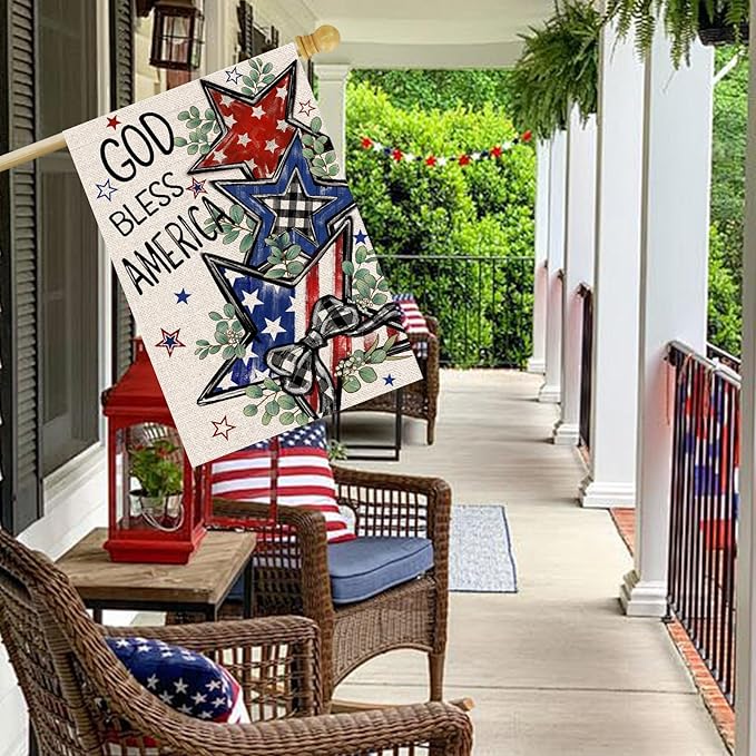 4th of July House Flag 28x40 Inch Double Sided Outside God Bless America Patriotic Stars Eucalyptus Memorial Day Independence Day Holiday Outdoor Yard Decoration
