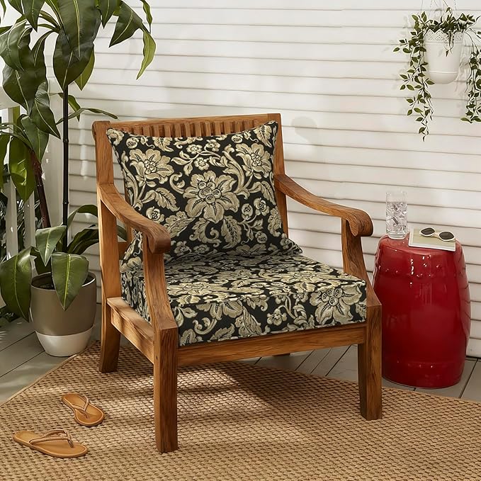 LVTXIII Outdoor Seat and Back Cushion Patio Deep Seat Cushion Set Seasonal Chair Cushion for Wicker Chairs and Garden Furniture Decoration, 22"x22"x4", Jacobean Black