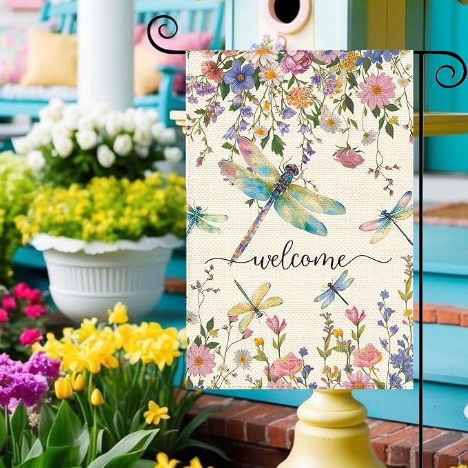 Spring Summer Dragonflies Wildflowers Welcome Garden Flag 12 x 18 Inch Double Sided, Watercolor Floral Burlap Small Yard Flag Holiday Farmhouse Flags for Patio Outdoor Outside Decoration