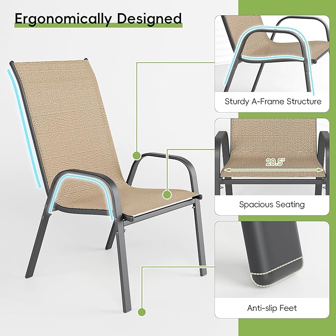 Patio Chairs Set of 6, Outdoor Dining Chairs Stackable for All Weather, Breathable Metal Modern Outside Furniture Chair for Pool Side, Garden, Backyard Deck, Brown