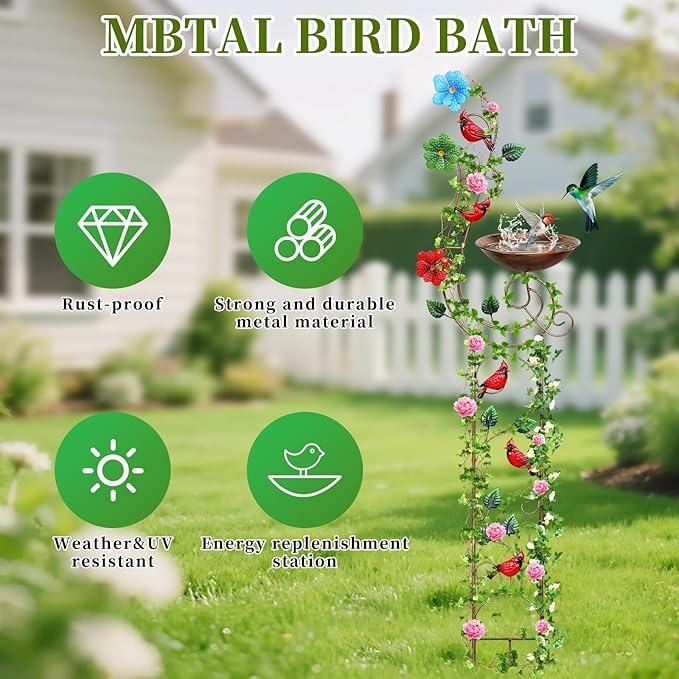 YADOOLIFE 57” Bird Bath with Garden Trellis for Climbing Plants Outdoor, Small Decorative Trellises Metal Birdbath Bird Baths, 1 Piece (Redbird)