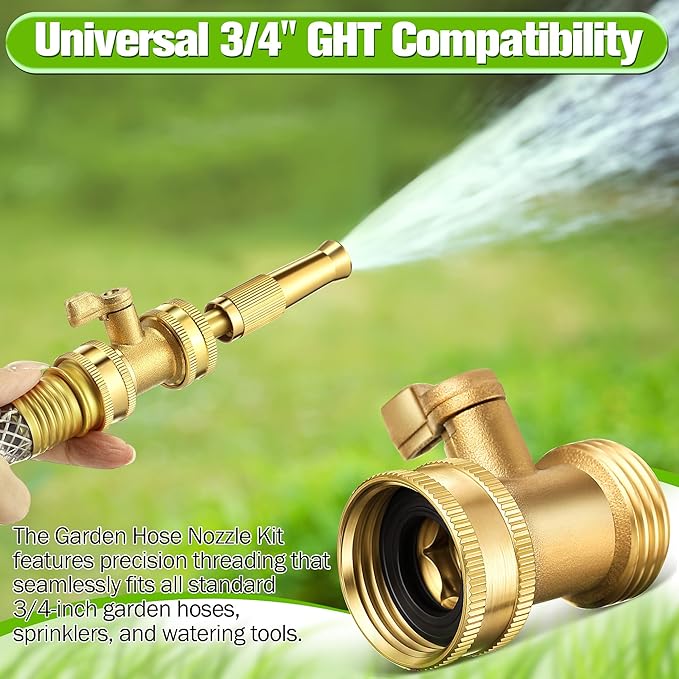 4 Pcs Garden Hose Nozzle Kit, 4" Brass Adjustable Twist Nozzle, Brass Hose Shut Off Valve with 10 Rubber Washers, Heavy Duty High Pressure Nozzle 3/4" GHT Connector for Garden Sprinkler