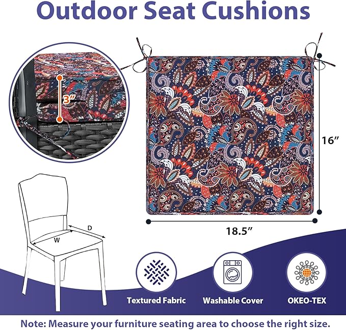 IPYNBAP Outdoor Chair Cushions Set of 4,Waterproof Outdoor Seat Cushions for Patio Furniture,Patio Chair Cushion with Handle and Ties, Out Door Chair Pads,18.5" x 16" x 3", Artistic Floral