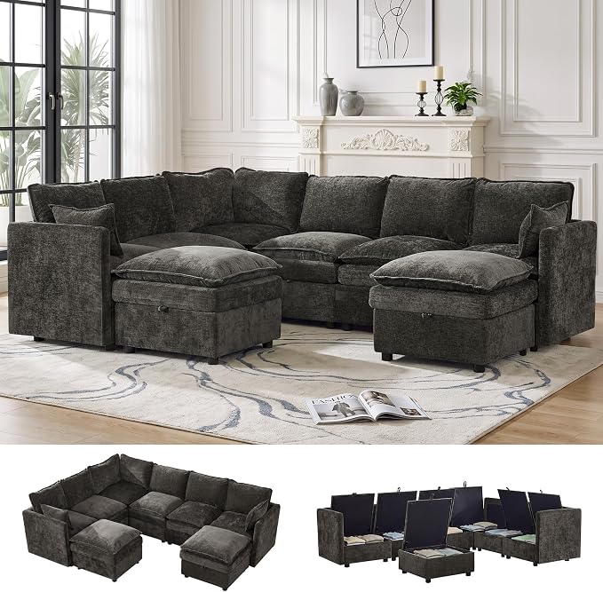 105" Storage V-Shaped Modular Sectional Sofa with 2 Ottomans, Dark Grey