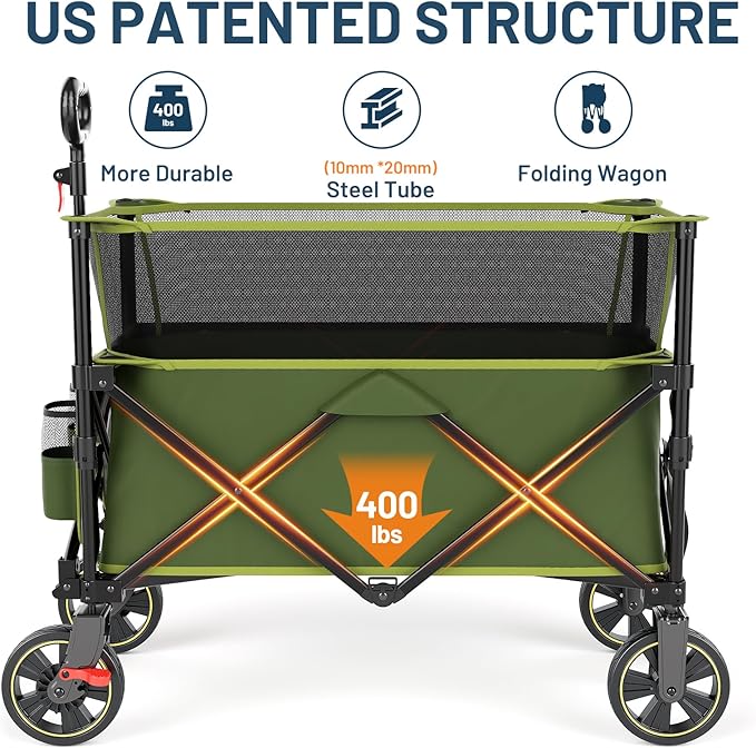 Timber Ridge Collapsible Folding Wagon 350L Extra Large with Brake, Heavy Duty Camping Utility Cart Outdoor, Extended Height Adjustable Handle, Cup Holders, Side Bag, Green