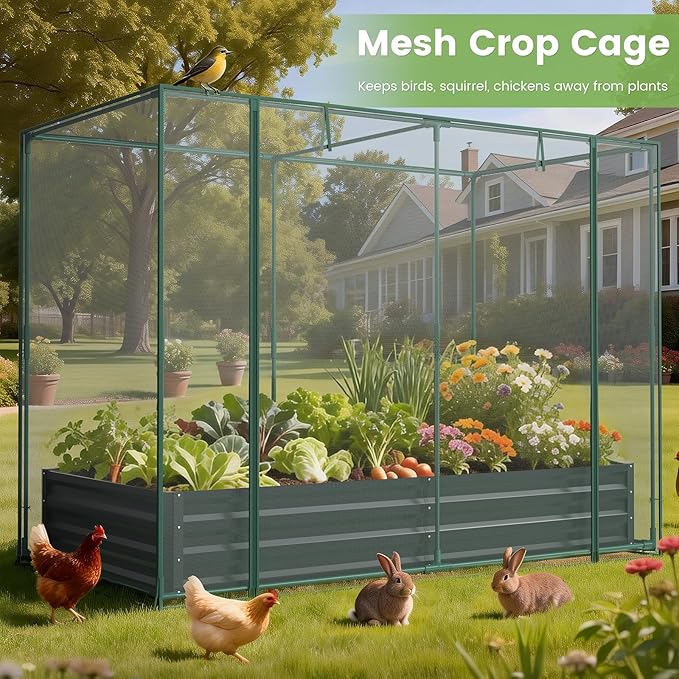 DoCred Crop Cage with Raised Garden Bed, 84.6" x 45.3" x 59" Plant Protection Tent Garden Cages with Window, 2 in 1 Galvanized Raised Garden Bed Kit and Mesh Cover for Garden, Yard, Lawn