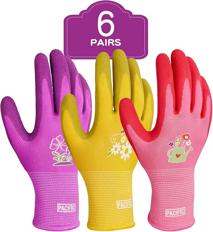 PACIFIC PPE 6 Pairs Gardening Gloves for women, Rubber Coated Garden Gloves, Ladies Yard Work Gloves, Breathable, Purple & Yellow & Red, Small