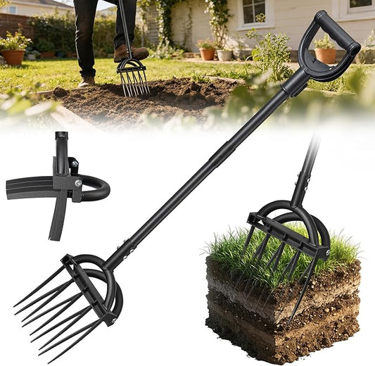 Broad Fork Garden Tool, Heavy Duty 5+4 Sharp Tines BroadFork Hand Tiller Garden Pitchfork with Ergonomic Handles for Spading Digging Fork Gardening Cultivating Composting and Loosening