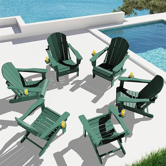 SERWALL Folding Adirondack Chair Outdoor Adirondack Chairs with Cup Holder Weather Resistant Patio Chair with Wood Textured for Patio Deck Garden, Backyard, Fire Pit - Green