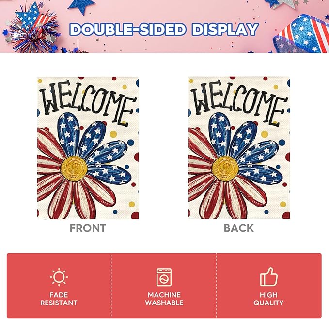 AVOIN colorlife 4th of July Patriotic House Flag 28x40 Inch Double Sided Outside, Memorial Day Welcome Floral Daisy Yard Outdoor Decoration
