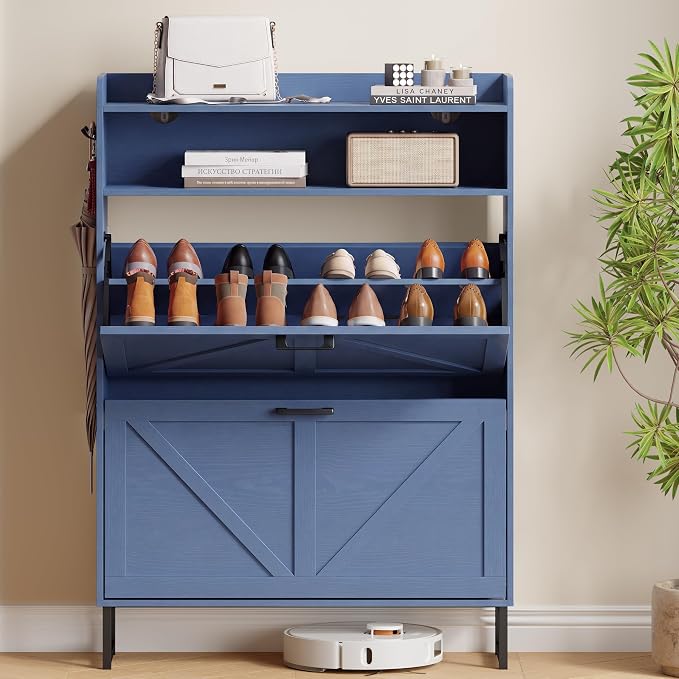 Xixini Shoe Storage Cabinet with 2 Flip Drawers, Entryway Shoe Rack, Blue