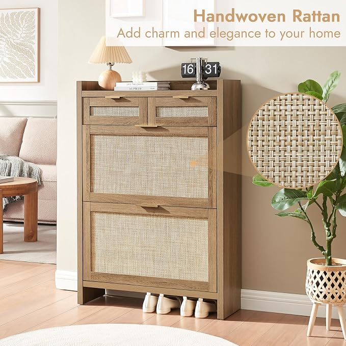 HOKYHOKY Rattan Shoe Storage Cabinet with 2 Drawers & 2 Flip Drawers