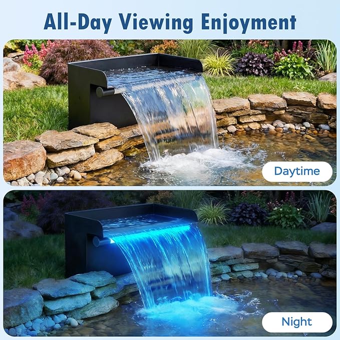 Pond Waterfall Spillway Kit, 8 inch Stainless Steel Spillway with Remote Control LED Lights, 660GPH Submersible Water Pump, Outdoor Waterfall Fountain for Water Feature, Garden, Backyard, Pool