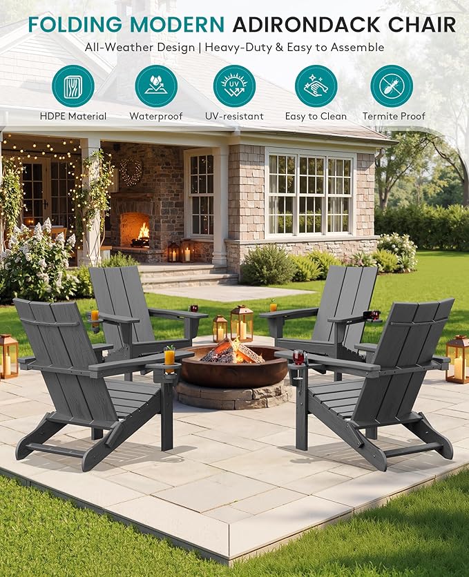 SERWALL Modern Folding Adirondack Chair Set 4, Outdoor, Relaxing, Grey, Polyethylene, Wood Finish, Arm Rest, Cup Holders