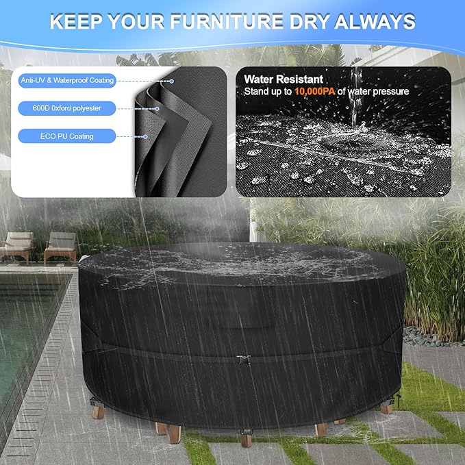 Patio Furniture Set Cover Waterproof, Heavy Duty Patio Table Cover Round, Large Outdoor Furniture Covers for Patio Furniture, Outdoor Table and Chair Set Cover, 96"Dia x 28"H, Black