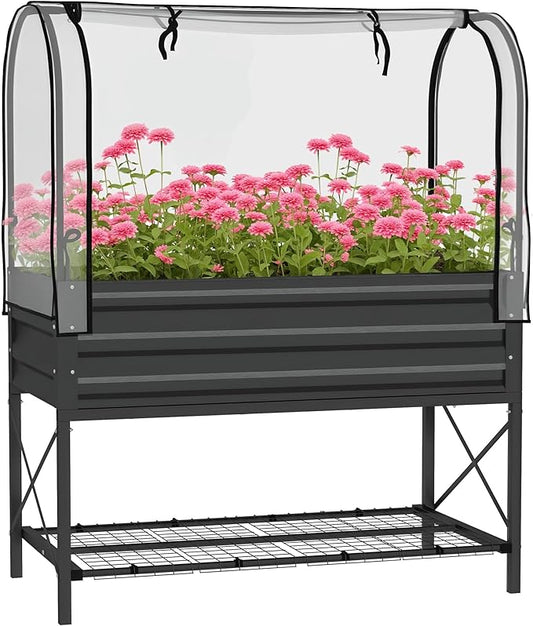 Outsunny Raised Garden Bed with Cover and Storage Shelf, Rectangular Metal Elevated Planter Box with Legs and Bed Liner for Vegetables, Flowers, Herbs, Black