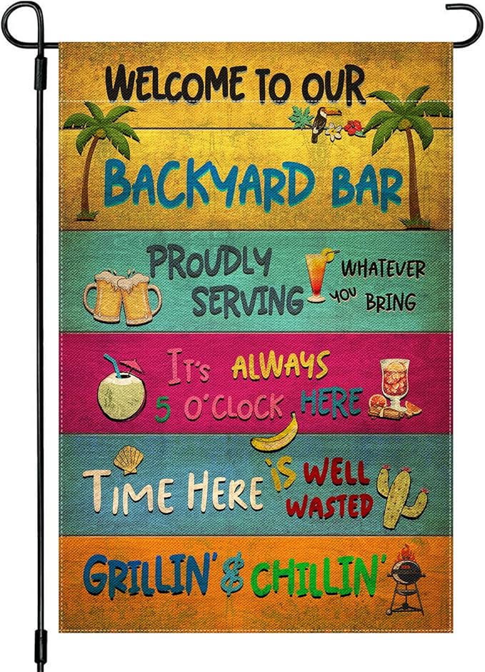 Snycler Welcome To Our Backyard Garden Flag, Swimming Pool Decor Classic Garden Signs Gift For Summer Vibes, Friends Party Decorative Signs For Yard (Backyard Bar) 12 x 18 Inch