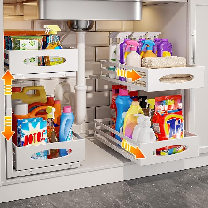 Under Sink Organizer, 2 Tier Under Sink Organizers and Storage, Adjustable Height, Slide out Metal Cabinet Organizers, Pull out Cabinet Storage Drawer Shelf for Kitchen Bathroom (White, 2 Pack)