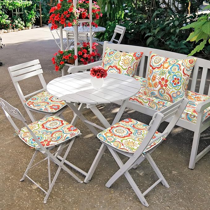 DYTXIII Set of 4 Outdoor Chair Cushions with Ties,Water Repellent Patio Chair Pads 17"x 16" for Outdoor Furniture,Round Corner Seat Cushions for Garden Yard Kitchen Flower Red