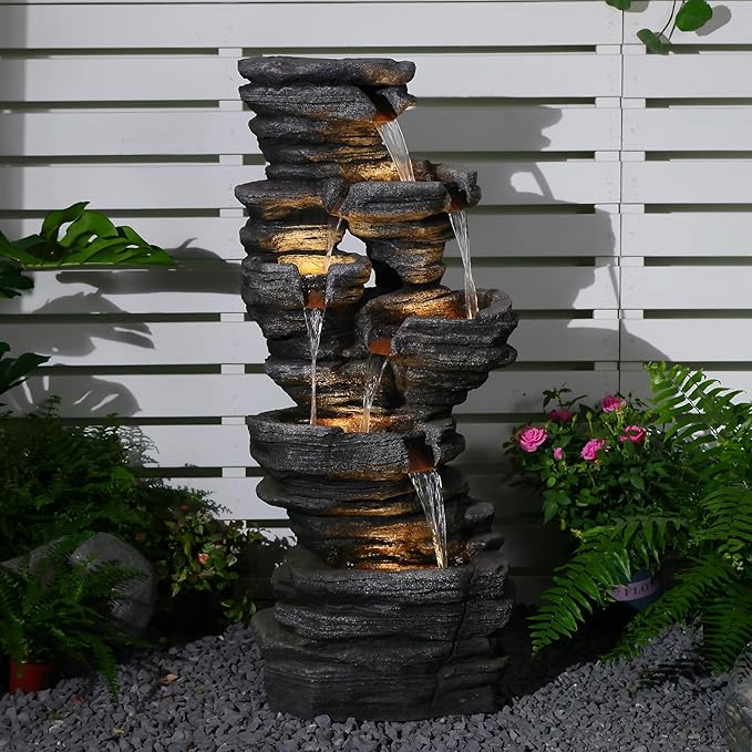 Bumilgar 42.5" H Garden Outdoor Water Fountain with LED Lights & Pump, Mutiply-Tier Cascading Outdoor Fountain Suitable for Garden/Patio/Yard/Deck/Balcony and Home Art Decor（Resin）