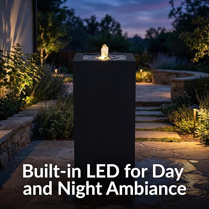 Sunnydaze Outdoor Water Fountain with LED Light - Modern Rectangle Bubbler Water Feature with Pump - 29.5" H - for Patio, Garden, Deck, Relaxation and Stress Relief - Black