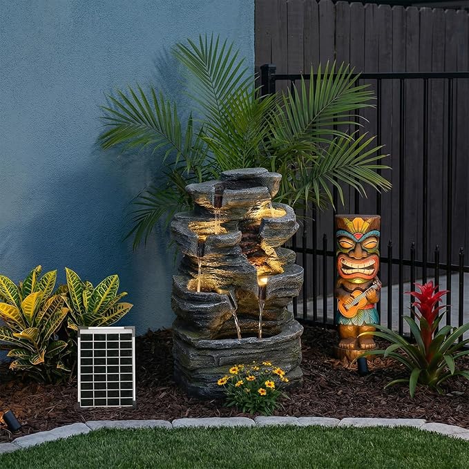 Bumilgar 6 Tier Cascading Rock Solar Water Fountain Outdoor Garden Waterfall Decor for Garden, Patio, Backyard, Deck, Porch and Home Art Decor,24.4" H Outdoor Fountain with LED Lights