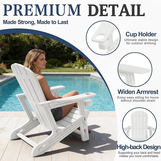 Vongrasig Adirondack Chairs Set of 2 with Removable Tabletop, Outdoor HDPE Plastic Fire Pit Chair Set with Wooden Textured, Cup Holder for Patio, Poolside, Deck, Garden, White, 3 Pieces