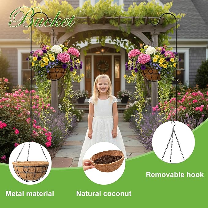 Classic Round Wire Hanging Basket 4 Packs 12 Inch Deep Coco Liner Water-Absorbing All-Weather Garden Deck Hanging Planter with Chain Flower Pot
