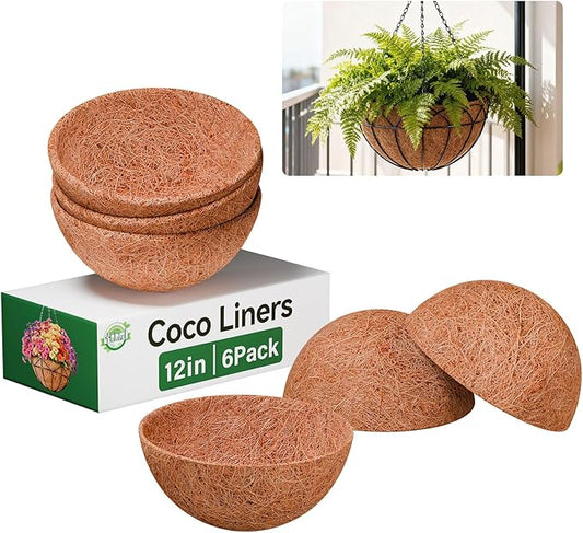 Halatool 6 Pack 12 Inch Coco Liners 100% Natural Coconut Liners for Planters Round Coco Coir Hanging Basket Liner for Flowers Vegetables Balcony Garden Patio Porch Home Decor